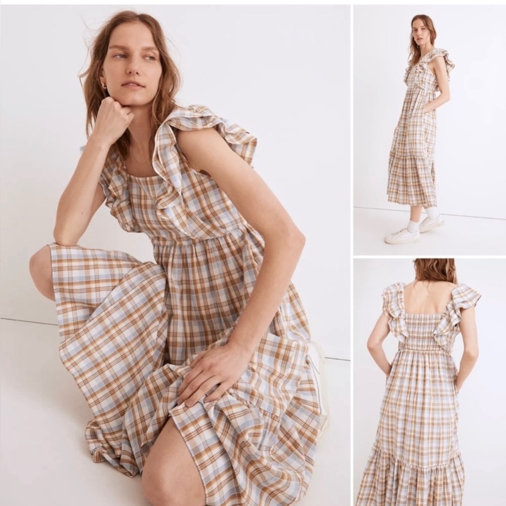 Madewell Plaid Midi Dress in Cream and Brown